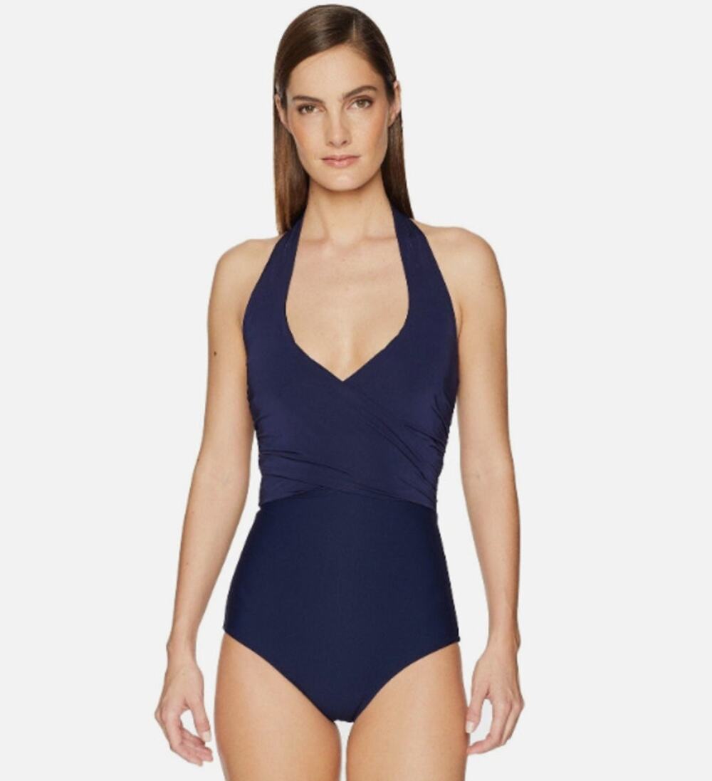 Heidi Klein Body Wrap Navy One Piece Swimsuit Size M